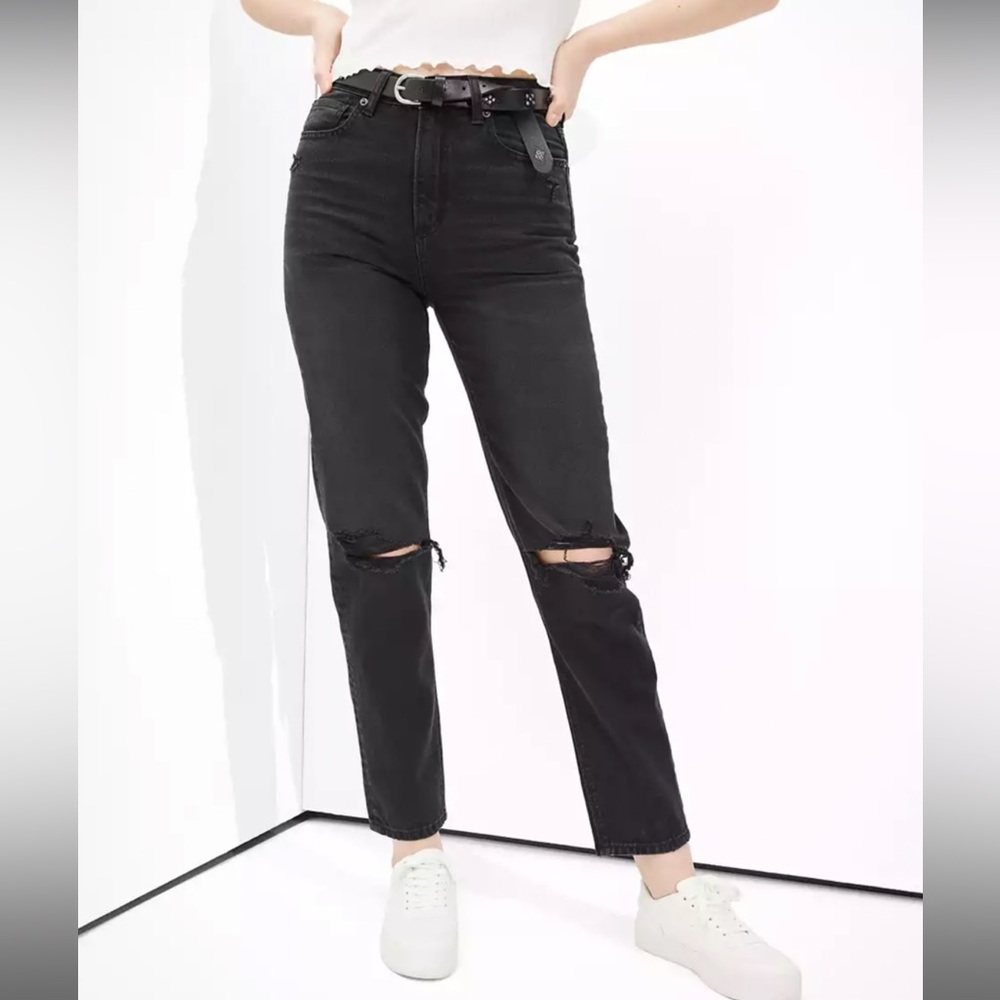 American Eagle Outfitters Mom Straight Jean Stretch Faded Black Ripped High Rise